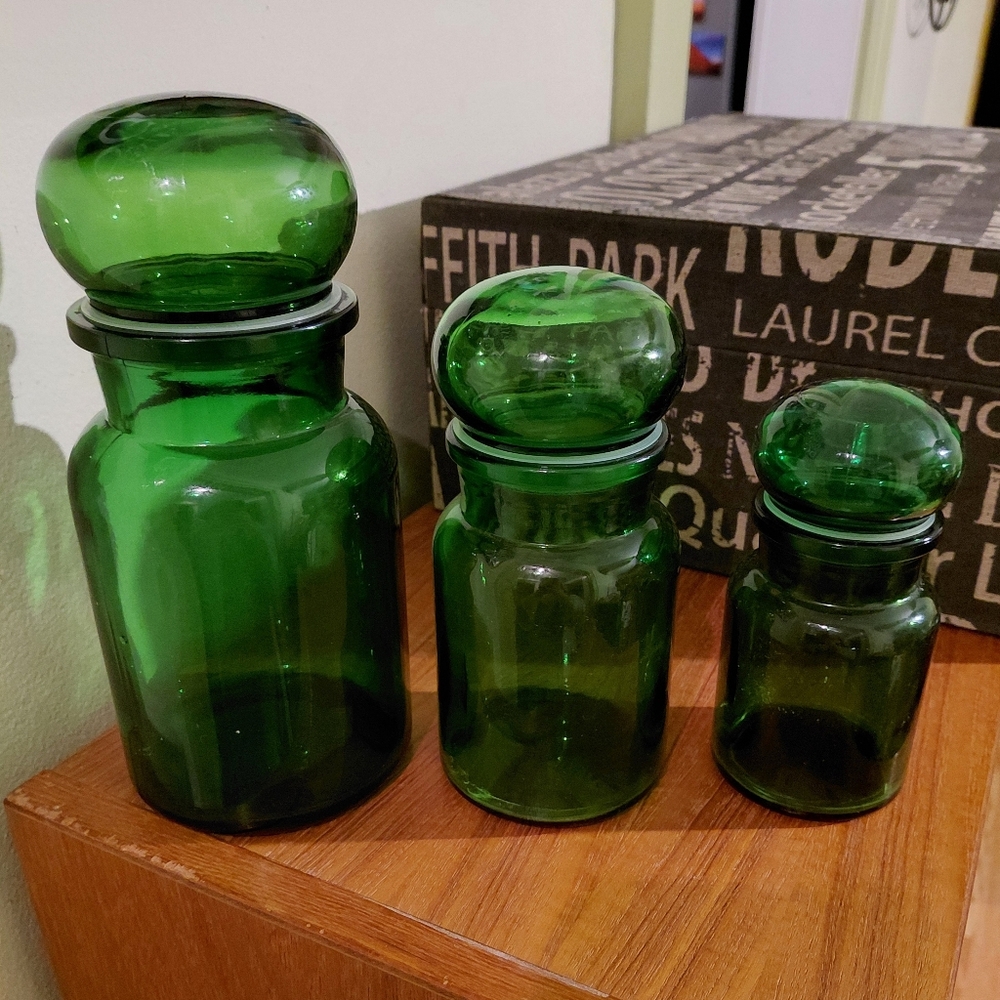 Vintage green glass apothecary jars